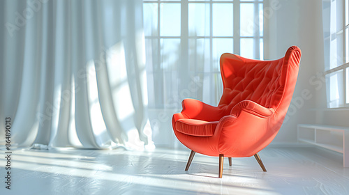 Red wingback chair and white sofa in bright room. Supremacism style interior design of modern living room.  photo