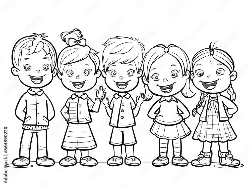 Cartoon kids with a school drama club, outlined for coloring, on a white background. Cartoon kids with a school drama club, outlined for coloring, on a white background.