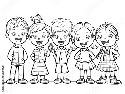 Cartoon kids with a school drama club, outlined for coloring, on a white background.