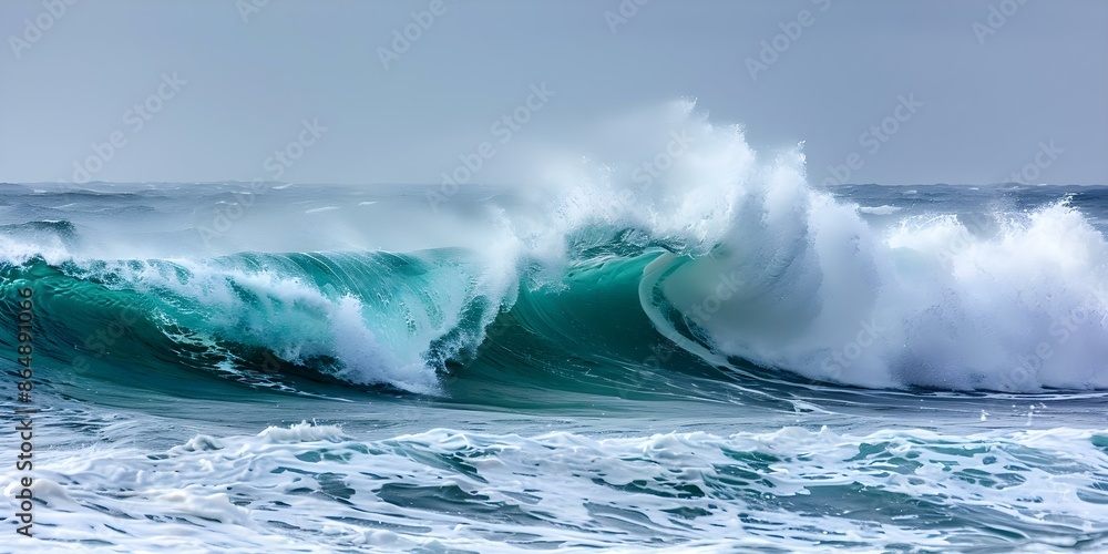 Obraz premium The Powerful Force of a Wave Crashing with Foam Spray in the Ocean. Concept Ocean Waves, Foam Spray, Powerful Force, Nature's Beauty, Coastal Majesty