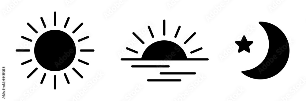 Rising and setting sun icon, crescent moon and stars, day and night time symbols. Time of the day signs. Vector illustration. Rising and setting sun icon, crescent moon and stars, day and night time symbols. Time of the day signs. Vector illustration.