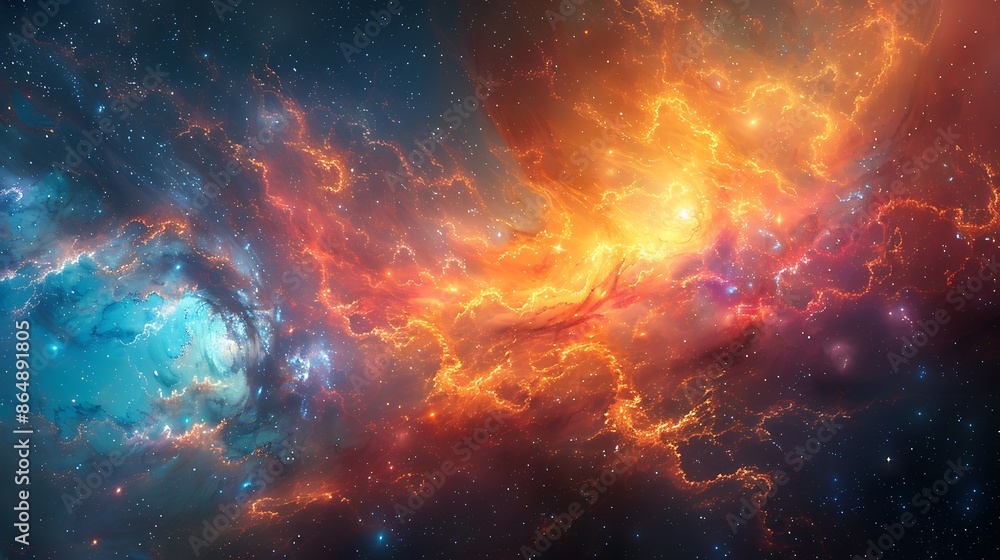 Naklejka premium A 16:9 modern art mural of cosmic dreamscape, abstract outer space with swirling galaxies and stars.