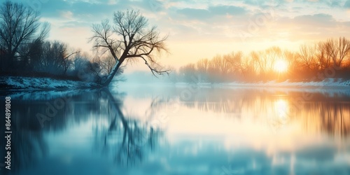 Serene winter sunrise over a tranquil river with bare trees reflected in calm water, creating a peaceful and picturesque landscape.