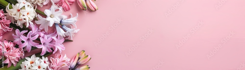 Pastel background with spring floral border, hyacinths and lilies, delicate and colorful Pastel background with spring floral border, hyacinths and lilies, delicate and colorful