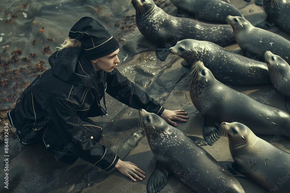 Fototapeta premium Model wearing black outfit posing with seals on beach