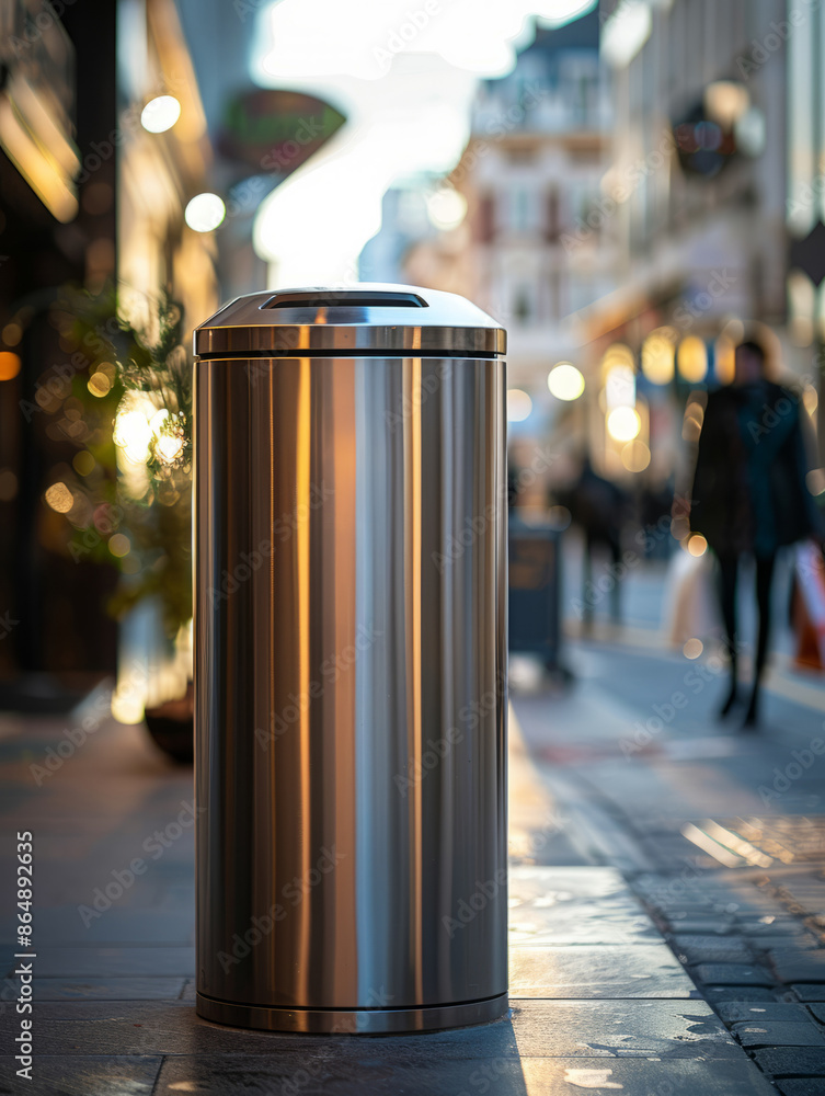 Metallic trash can on a city street with evening lights and pedestrians. Metallic trash can on a city street with evening lights and pedestrians.