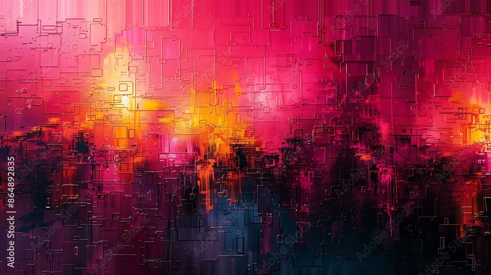 A 16:9 mural of digital glitch art, distorted and pixelated patterns. A 16:9 mural of digital glitch art, distorted and pixelated patterns.