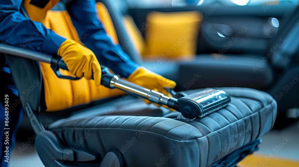 Closeup of a service workers hand cleaning a car chair with a vacuum cleaner, in a welllit car interior Closeup of a service workers hand cleaning a car chair with a vacuum cleaner, in a welllit car interior