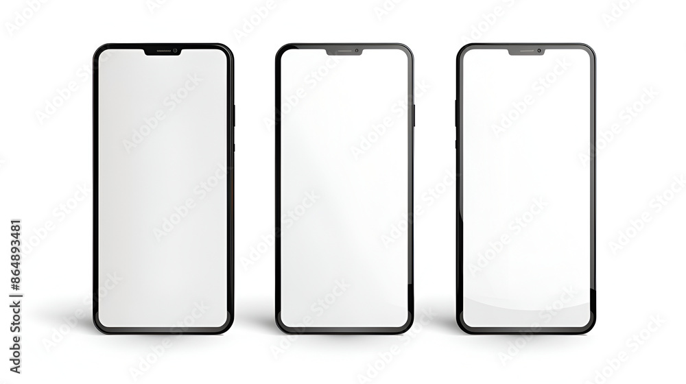 Closeup modern digital black Smartphone mobile blank screen three position front and side isolated on white background, no clipping path Closeup modern digital black Smartphone mobile blank screen three position front and side isolated on white background, no clipping path