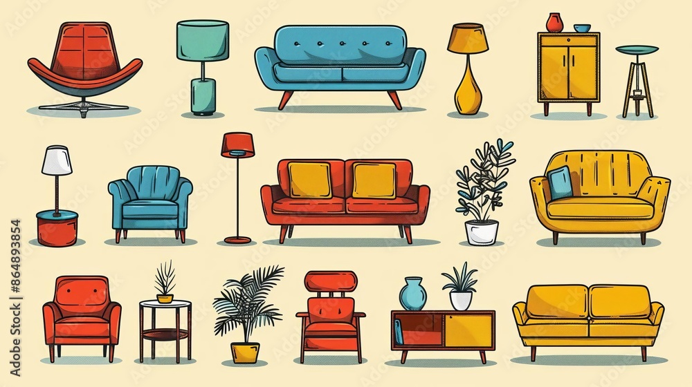 Collection of colorful home furniture icons, handdrawn in a vibrant, bright vector style Collection of colorful home furniture icons, handdrawn in a vibrant, bright vector style
