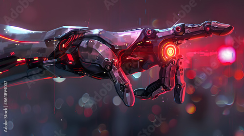 A 3D rendering of a cyborg's robotic hand, featuring sleek metal and intricate circuit patterns, as it points a finger with precision and futuristic flair. © Wira