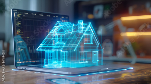 Showing 3D model house hologram transparent on a laptop keyboard on the screen, symbolizing in-depth research and exploration of real estate and housing options.