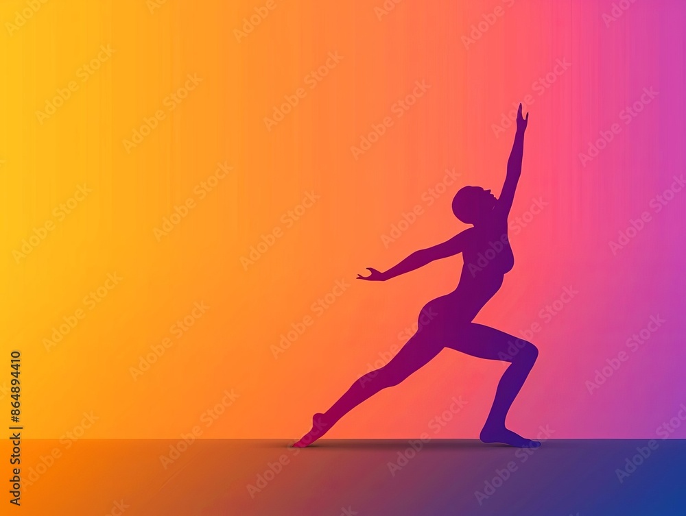 Silhouette of a person practicing yoga in a warrior pose against a vibrant gradient background. Perfect for wellness and fitness themes. Silhouette of a person practicing yoga in a warrior pose against a vibrant gradient background. Perfect for wellness and fitness themes.