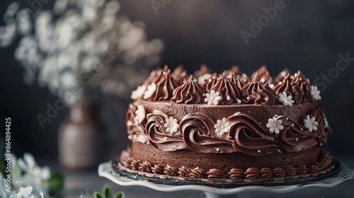 A stylish presentation of an elegant chocolate cake with intricate icing decorations, set against a dark, sophisticated background