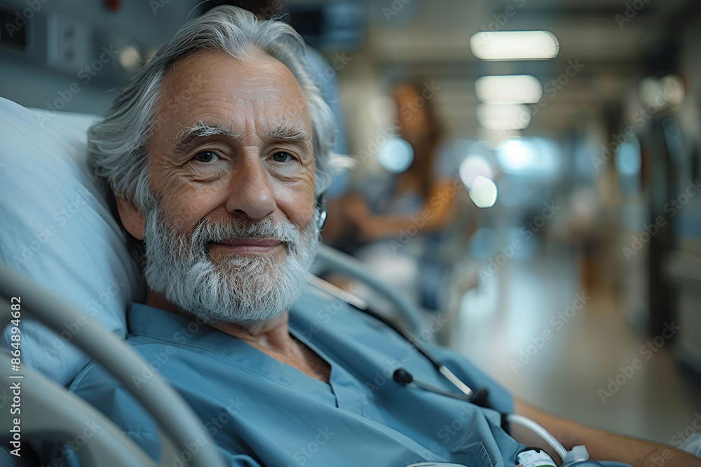 An elderly man is peacefully lying in a hospital bed, smiling with contentment and serenity An elderly man is peacefully lying in a hospital bed, smiling with contentment and serenity