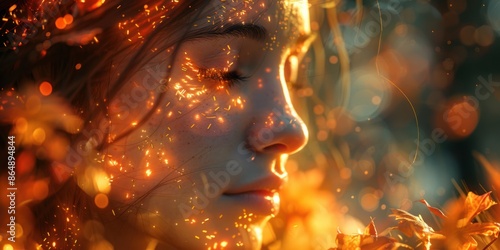 Woman Surrounded by Golden Light in a Forest