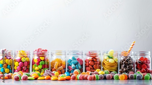 A vibrant assortment of colorful candies and sweets arranged in glass jars, set against a bright white background with ample copy space
