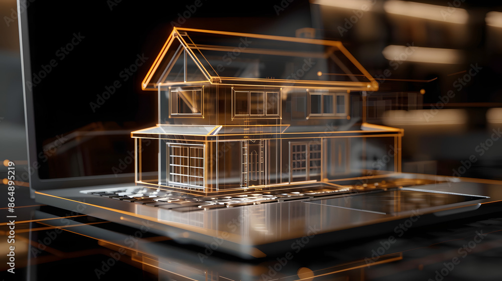 Fototapeta premium Showing 3D model house hologram transparent on a laptop keyboard on the screen, symbolizing in-depth research and exploration of real estate and housing options.