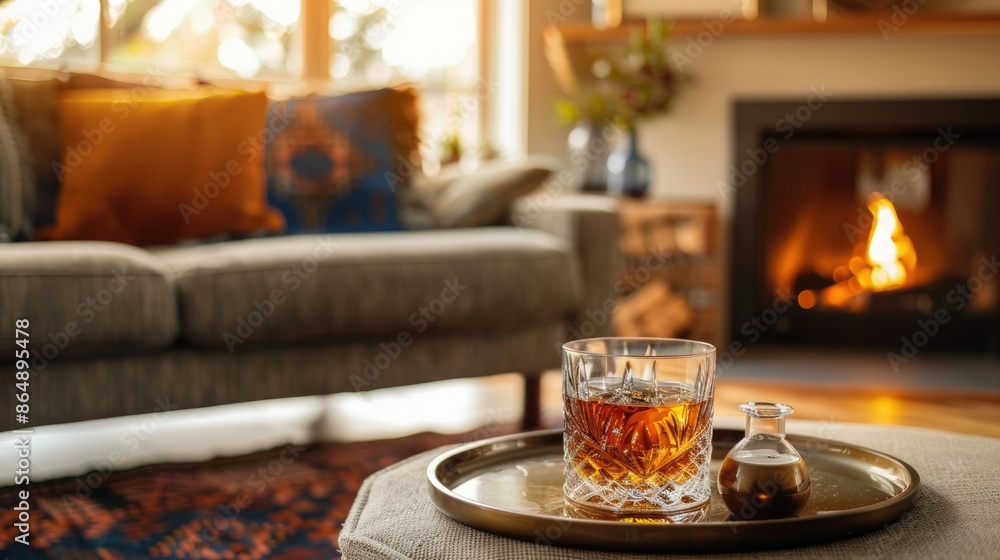 Cozy living room setting featuring a tray with a glass of whiskey Cozy living room setting featuring a tray with a glass of whiskey