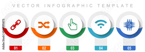 Web and internet icon set, miscellaneous vector icons such as chain, arrows, finger, signal and chip, modern design infographic template, web buttons in 5 color options