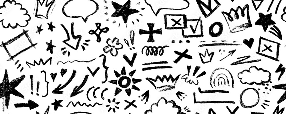 Vector seamless pattern with charcoal graffiti doodle and girly shapes Hand drawn abstract scribbles and squiggles, creative various shapes, pencil drawn. Scribbles, scrawls, stars, crown. Vector seamless pattern with charcoal graffiti doodle and girly shapes Hand drawn abstract scribbles and squiggles, creative various shapes, pencil drawn. Scribbles, scrawls, stars, crown.