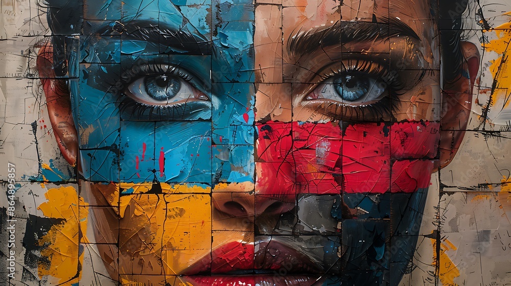 Abstract modern art mural, portrait with faces and figures in abstract, fragmented forms, 16:9 aspect ratio. Abstract modern art mural, portrait with faces and figures in abstract, fragmented forms, 16:9 aspect ratio.