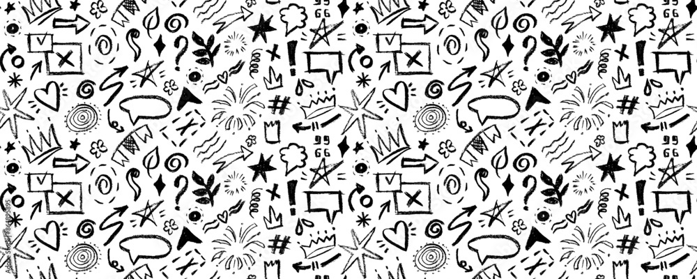Vector seamless pattern with charcoal graffiti doodle and girly shapes Hand drawn abstract scribbles and squiggles, creative various shapes, pencil drawn. Scribbles, scrawls, stars, crown, Vector seamless pattern with charcoal graffiti doodle and girly shapes Hand drawn abstract scribbles and squiggles, creative various shapes, pencil drawn. Scribbles, scrawls, stars, crown,