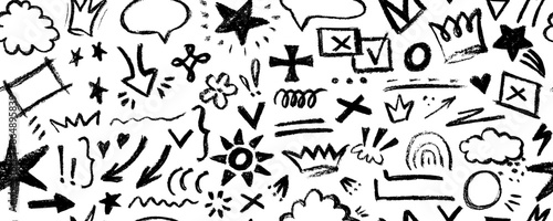 Vector seamless pattern  with charcoal graffiti doodle and girly shapes  Hand drawn abstract scribbles and squiggles, creative various shapes, pencil drawn. Scribbles, scrawls, stars, crown.