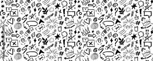 Vector seamless pattern  with charcoal graffiti doodle and girly shapes  Hand drawn abstract scribbles and squiggles, creative various shapes, pencil drawn. Scribbles, scrawls, stars, crown, 