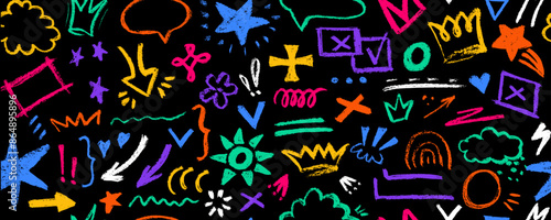 Seamless pattern with colorful brush drawn doodle shapes . Crowns, arrows, stars,  figure, speech bubble, crosses, flower,  swirls and dots with dry brush texture. Banner background with nice graffiti