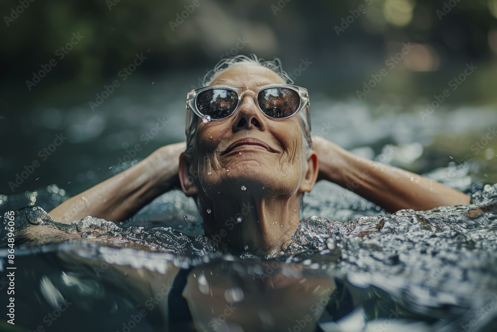 Fototapeta premium Senior woman in sunglasses relaxing in a natural pool