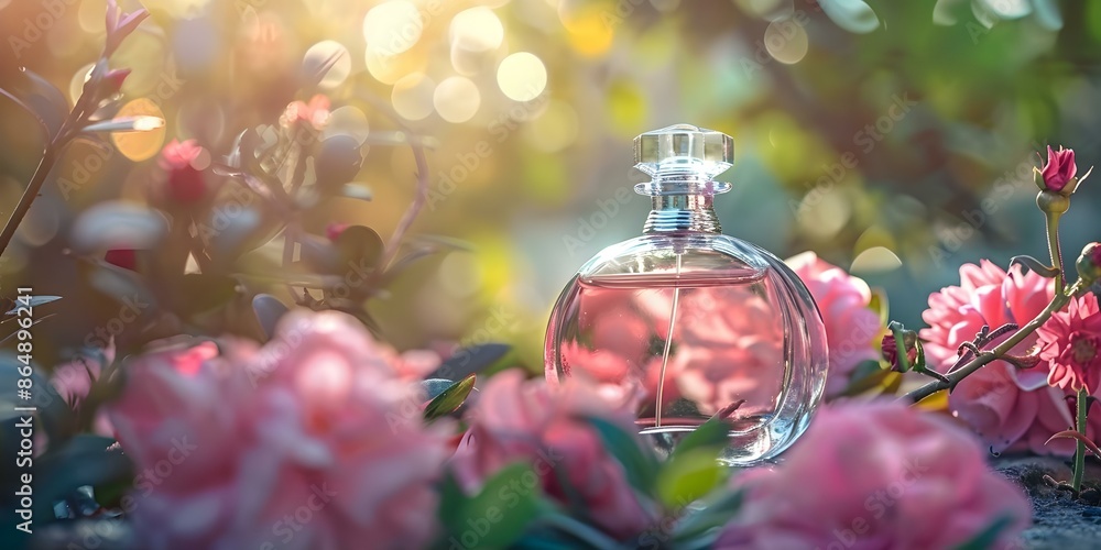 Perfume bottle displayed elegantly in a floral garden on a sunny day. Concept Sunny Garden Photoshoot, Perfume Bottle Display, Floral Backdrop, Elegance in Nature, Capturing Sunshine Perfume bottle displayed elegantly in a floral garden on a sunny day. Concept Sunny Garden Photoshoot, Perfume Bottle Display, Floral Backdrop, Elegance in Nature, Capturing Sunshine