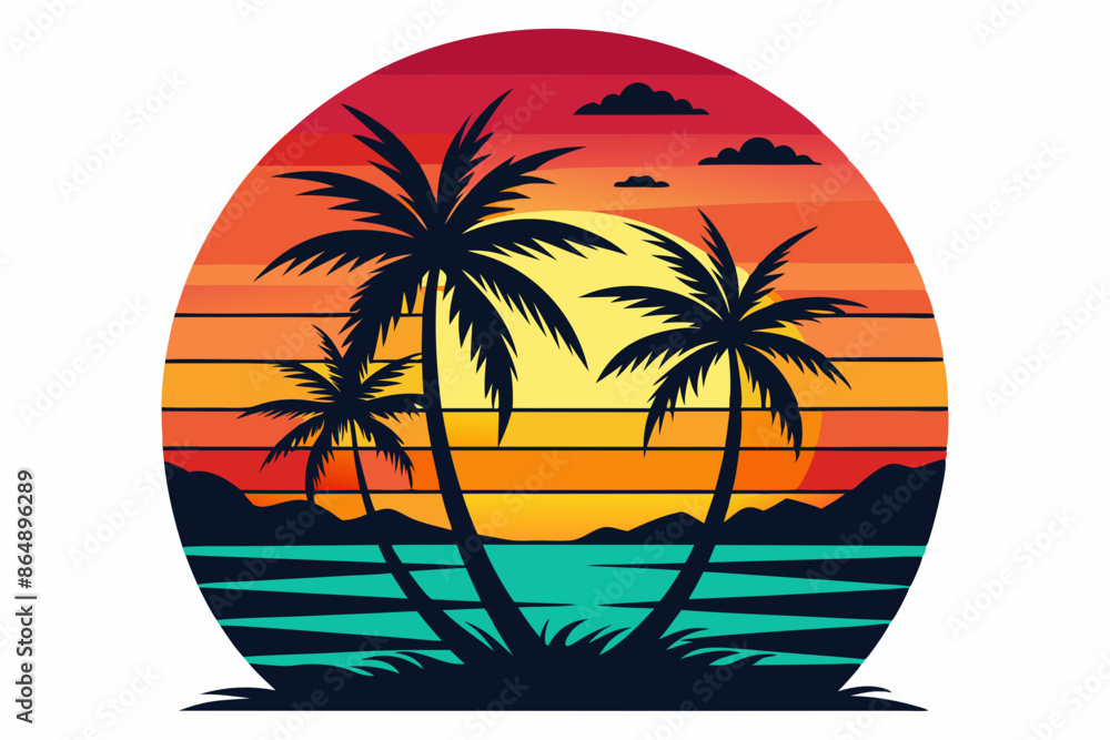 Tropical sunset with palm trees vector illustration, Retro and vintage summer vibes t-shirt design with palm tree
Tropical sunset with palm trees vector illustration, Retro and vintage summer vibes t-shirt design with palm tree