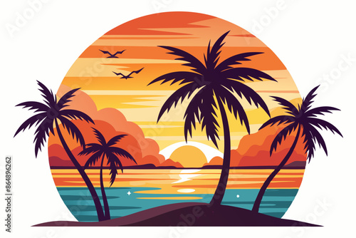 Wallpaper Mural Tropical sunset with palm trees vector illustration, Retro and vintage summer vibes t-shirt design with palm tree
 Torontodigital.ca