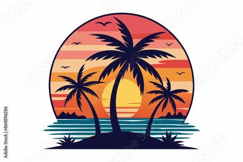 Tropical sunset with palm trees vector illustration, Retro and vintage summer vibes t-shirt design with palm tree
