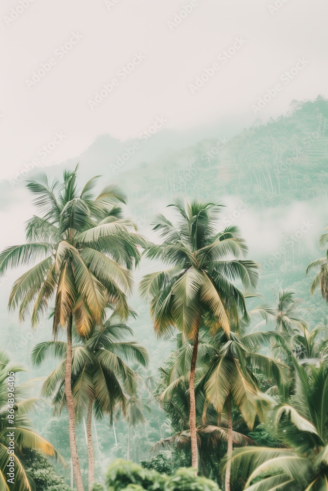 tall palm trees with lush greenery in the foreground and misty mountains in the background. The style is tropical and majestic tall palm trees with lush greenery in the foreground and misty mountains in the background. The style is tropical and majestic