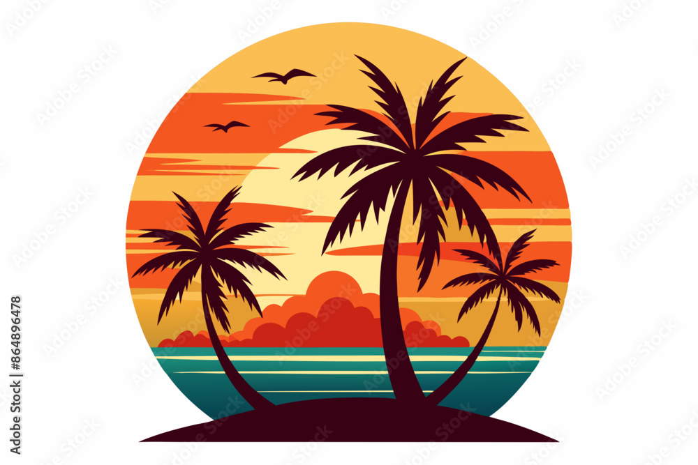 Tropical sunset with palm trees vector illustration, Retro and vintage summer vibes t-shirt design with palm tree
Tropical sunset with palm trees vector illustration, Retro and vintage summer vibes t-shirt design with palm tree