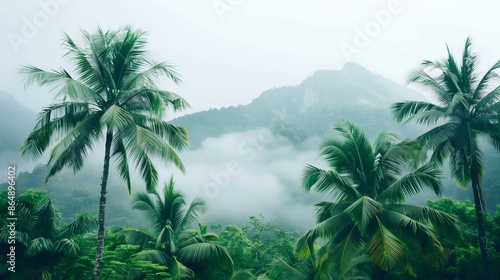  tall palm trees with lush greenery in the foreground and misty mountains in the background. The style is tropical and majestic © World of AI