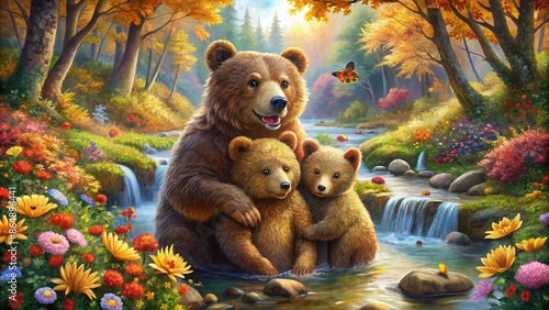 family bear Mother bear and Bear cub happy in a stream in the Autumn forest with colorful flowers