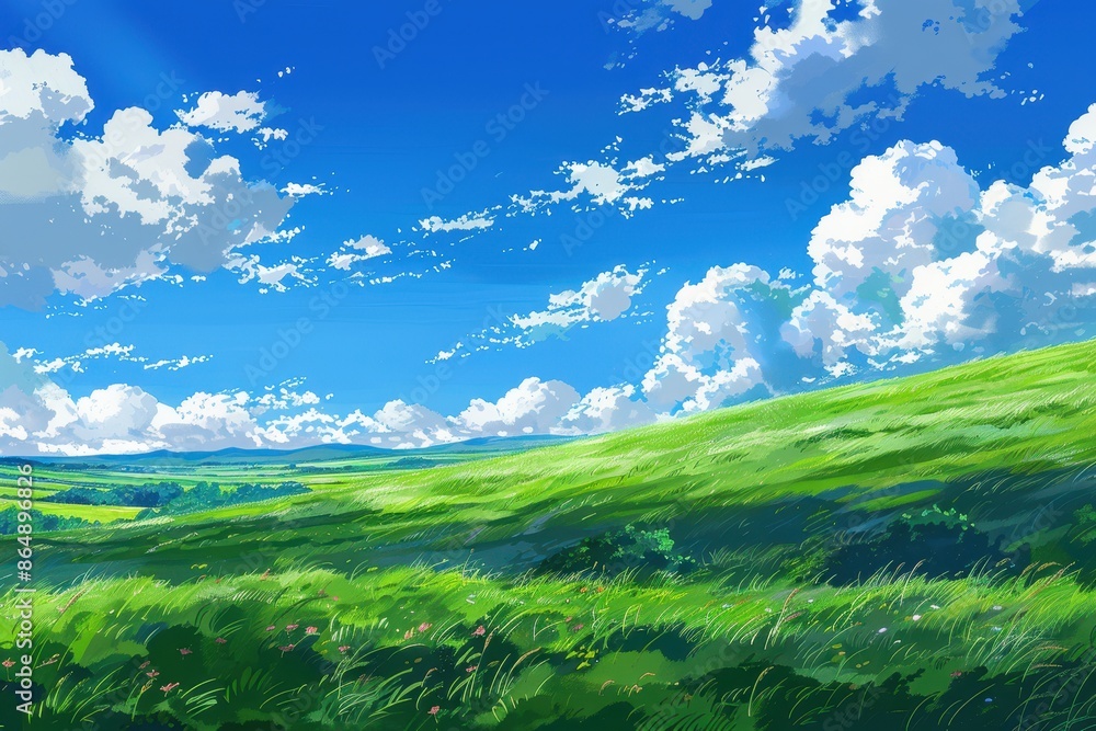 Vibrant Green Meadow with Fluffy Clouds in Blue Sky. Anime Landscape Vibrant Green Meadow with Fluffy Clouds in Blue Sky. Anime Landscape