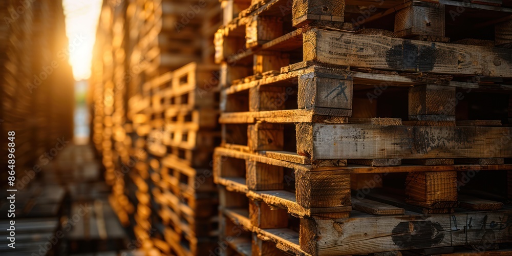 Stacked Wooden Pallets at Sunset Stacked Wooden Pallets at Sunset