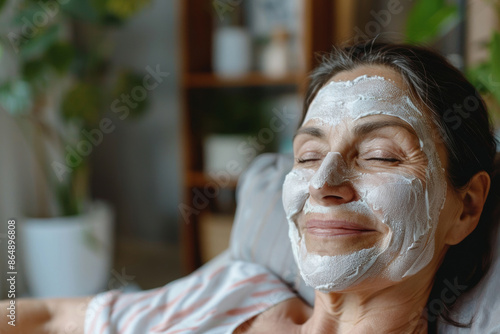 Smiling woman relaxing with a facial mask at home