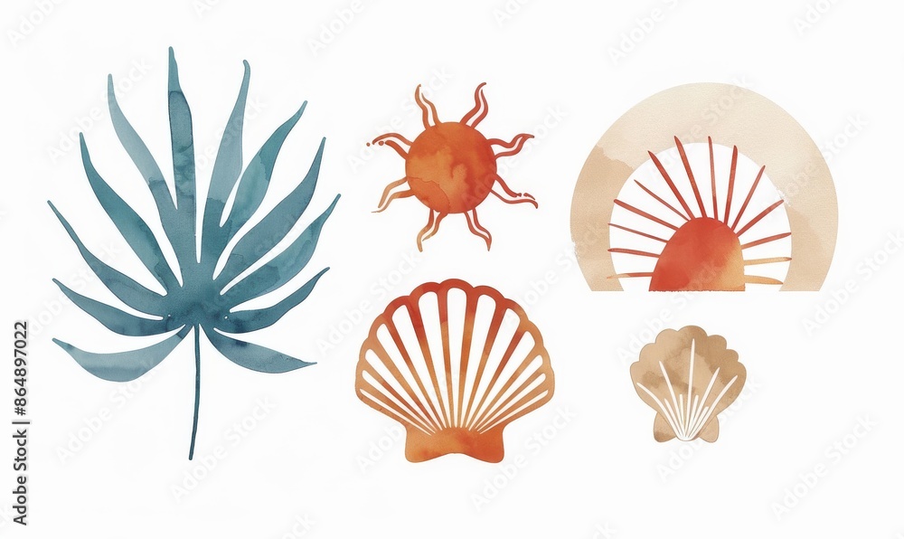 Bohemian linear logos, icons and symbols, sea, ocean, beach and surfing. Sun, seashell and palm design templates, geometric abstract design elements for decoration. Vector illustration Bohemian linear logos, icons and symbols, sea, ocean, beach and surfing. Sun, seashell and palm design templates, geometric abstract design elements for decoration. Vector illustration