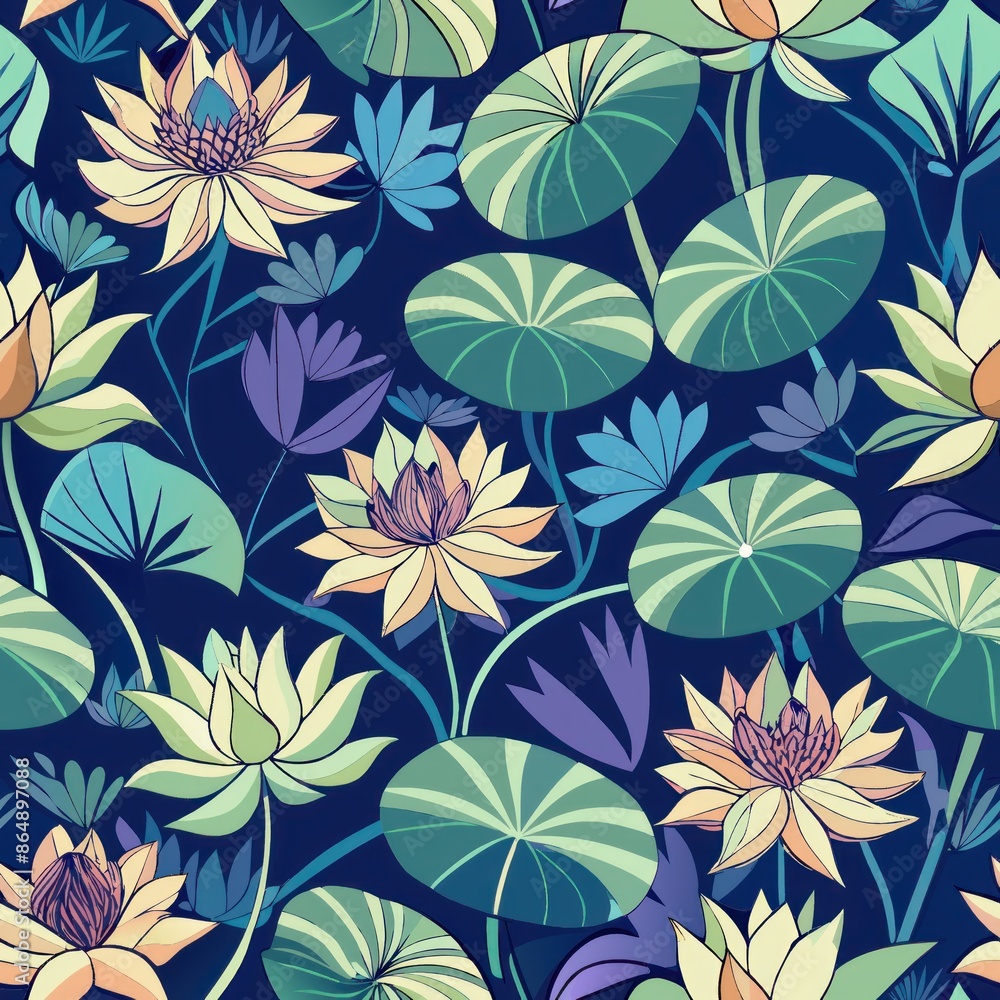 Fototapeta premium seamless pattern of serene batik water lilies, Generative AI