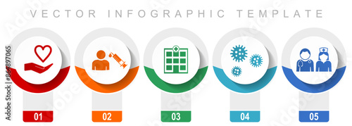 Medical icon set, miscellaneous vector icons such as doctor, nurse, hospital, help and flu, modern design infographic template, web buttons in 5 color options