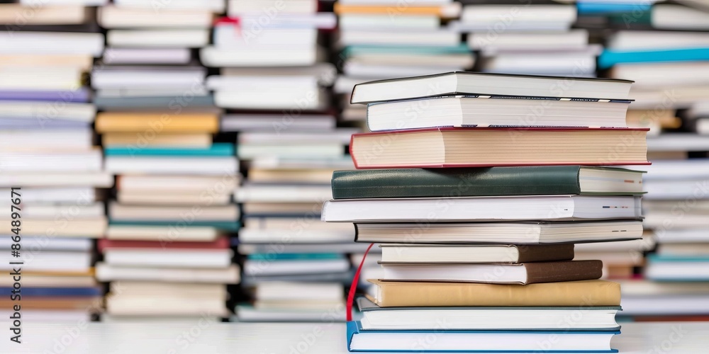 Stack of books in front of blurred background of more books. Concept of knowledge, education, and literature. Close-up view. Stack of books in front of blurred background of more books. Concept of knowledge, education, and literature. Close-up view.