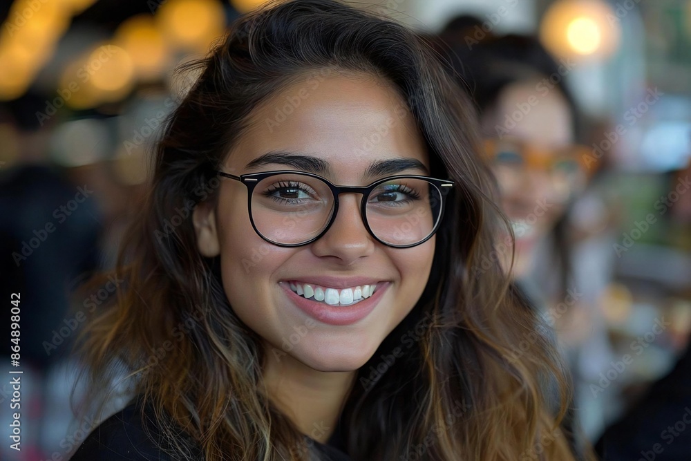Close-up of a young businesswoman laughing with her eyeglasses-wearing colleague. Close-up of a young businesswoman laughing with her eyeglasses-wearing colleague.