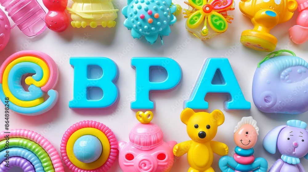 Top view of BPA sign with synthetic plastic toys on white background, close up flat lay composition, healthy risk concept, banner Top view of BPA sign with synthetic plastic toys on white background, close up flat lay composition, healthy risk concept, banner