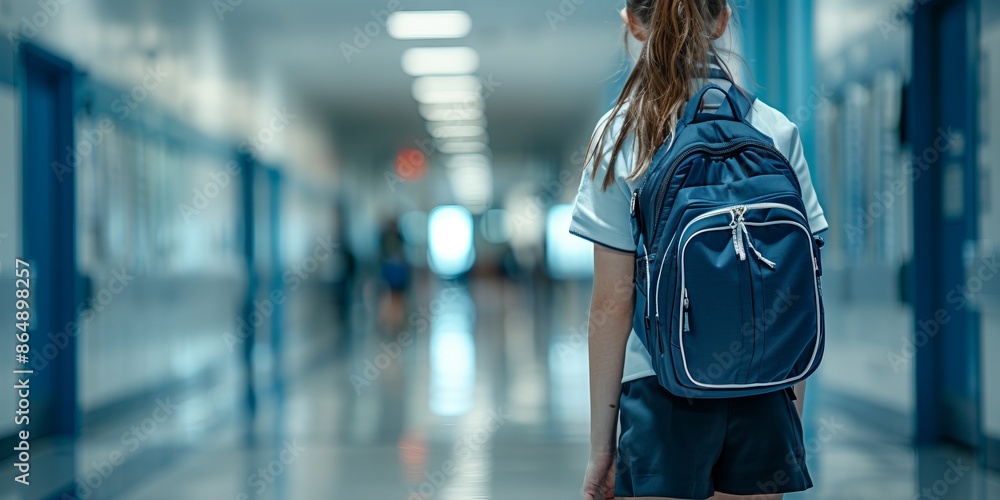Fototapeta premium Student with a backpack walking through a school hallway, representing education, learning, and back-to-school themes.