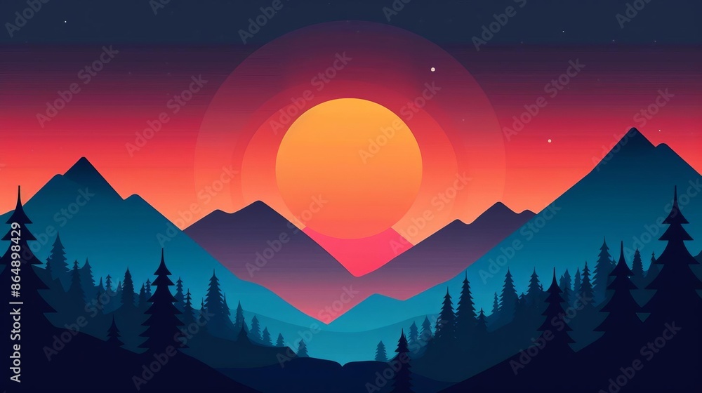 Stunning digital artwork of a vibrant sunset over mountains with pine trees in the foreground, capturing serene nature and colorful skies.